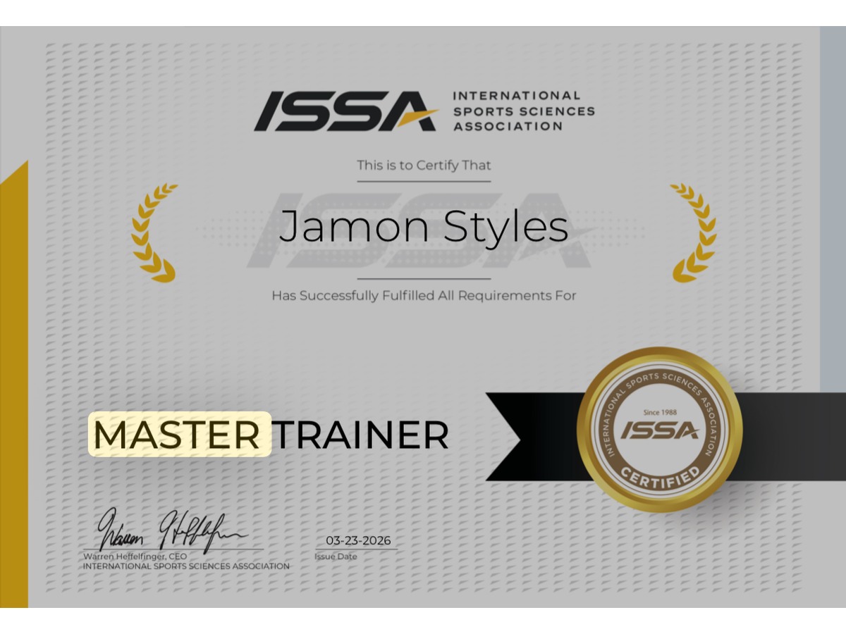 ISSA Master Trainer certificate for Jamon Styles