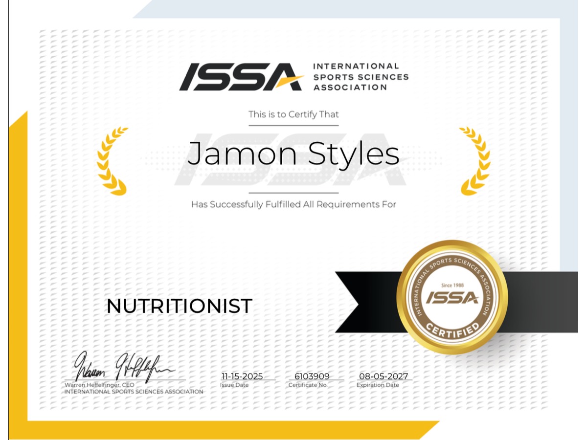 ISSA Nutritionist certificate for Jamon Styles