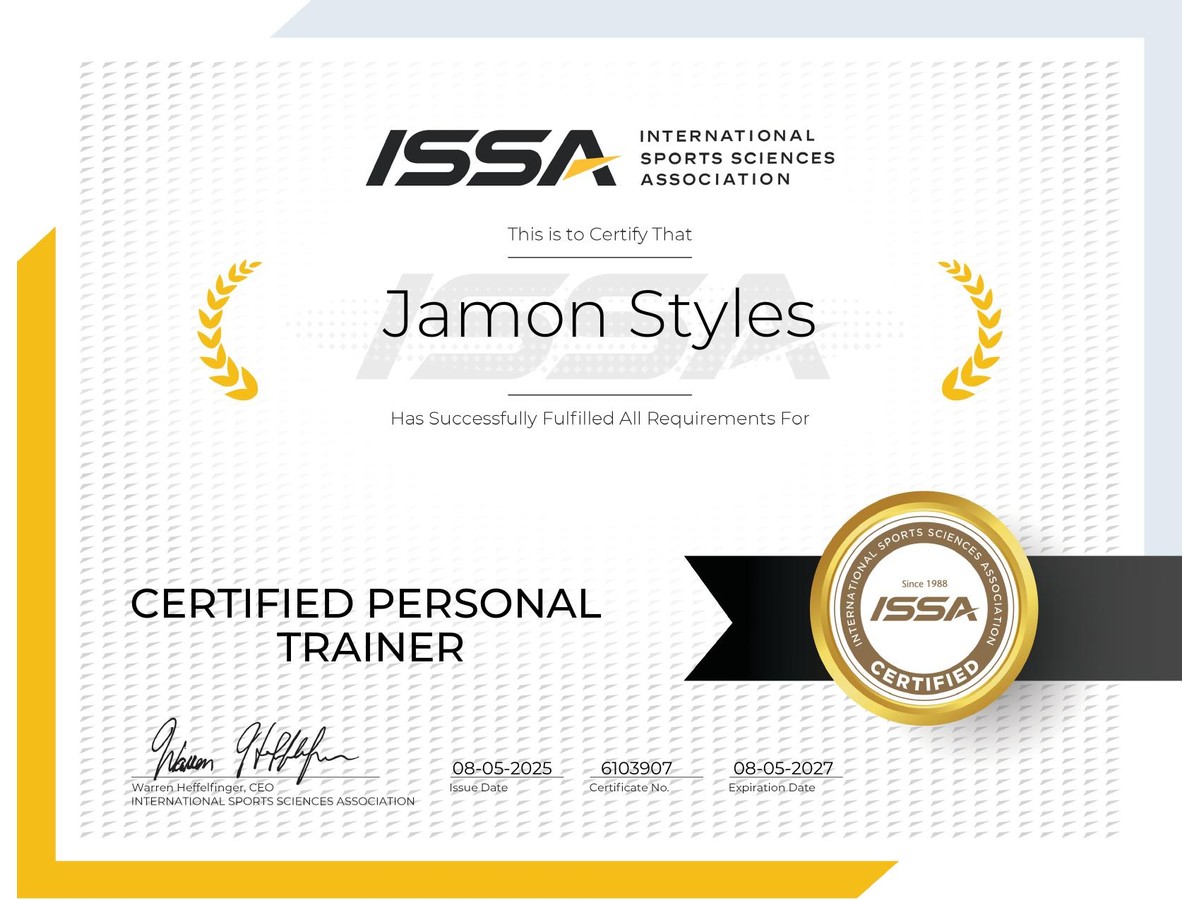 ISSA Certified Personal Trainer certificate for Jamon Styles